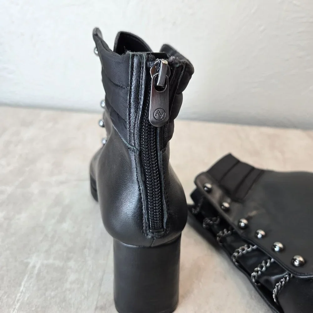 Block Heel Ankle Boots Sz 6.5 Black Leather Chain Pointed Toe Goth Grunge Bootie